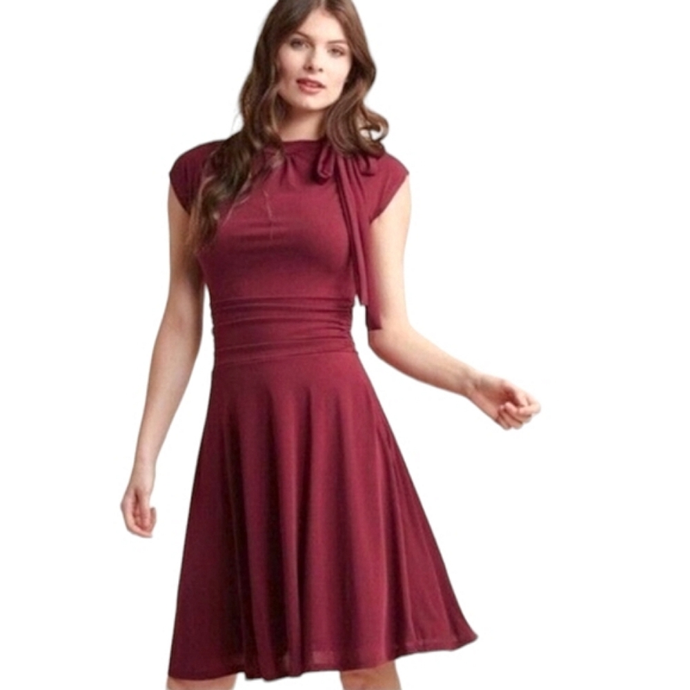 ModCloth Burgundy Retro Tie-Neck Jersey Dress - Picture 2 of 8
